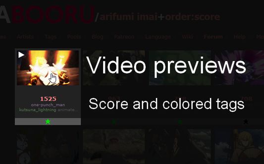 Video previews, score and colored tags on posts
