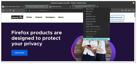 Context menu to select all tabs from the same domain.