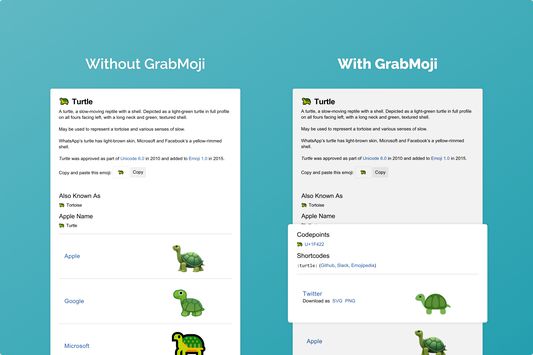 How the Emojipedia page for the turtle emoji (🐢) looks with and without GrabMoji
