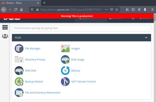 Demo cPanel page with a top banner style warning from Prod Guard.