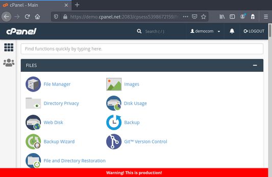 Demo cPanel page with a bottom banner style warning from Prod Guard.