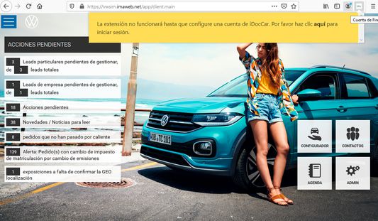 La extensión se utiliza en los CRM de los distribuidores. En la imagen podemos ver el icono correspondiente y el mensaje que aparece al hacer click, cuando no estamos logueados