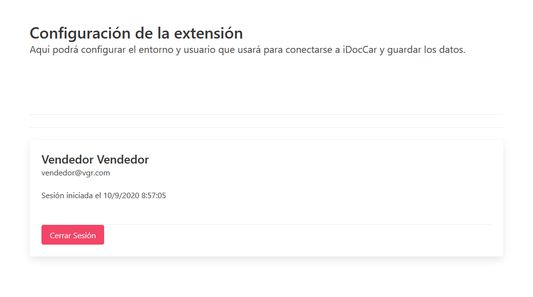 Una vez realizado el acceso a iDocCar, la ventana de configuración se mostrará como en esta imagen, indicando el usuario del vendedor