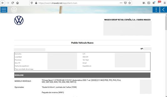 La extensión detectará automáticamente si estamos en una ventana de información de un pedido y mostrará en el icono si es de tipo VN (Vehículo Nuevo), VO (Vehículo Ocasión) o FL (Flota), dependiendo del caso. Es en ese momento cuando leerá los datos de pantalla, intentará descargar el PDF asociado y lo enviará a iDocCar para asociarlo al expediente