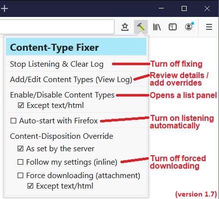 Main menu provides the ability to turn the extension off, add or edit Content-Type overrides, enable/disable existing overrides, start automatically, or tweak content disposition. (ver 1.7)