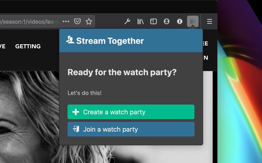 Stream Together showing "Create a watch party" and "Join a watch party" text
