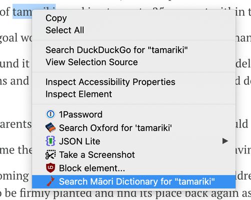 "tamariki" selected in a news article, with a right-click context menu showing how to search for the word on maoridictionary.com