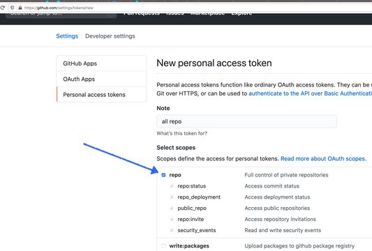 First generate a token on Github by visiting https://github.com/settings/tokens/new and check "repo" as screenshot.