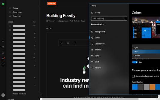 Feedly and Windows in dark theme.