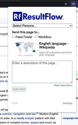 Once you have authorized the extension, you will see this menu.

To use the extension, visit any webpage you would like to add to one of your feed folders or workflows.  While viewing that page, click the Rf extension icon to open this menu.  Then, select the Persona and either Feed Folder or Workflow to which you wish this item be added, and click "Add Item".

When the item has been successfully added, a confirmation message will be displayed below the button.  Please wait for this message to appear before you close the extension so you can be sure that the item was added.