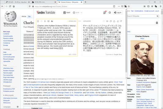 브라우저의 액션 패널에 Yandex의 번역 결과를 보여줍니다.