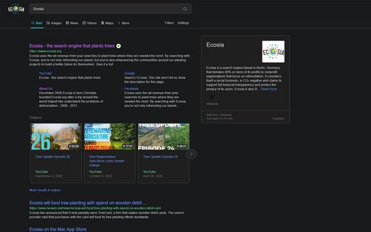 Ecosia Search Results in Dark Mode