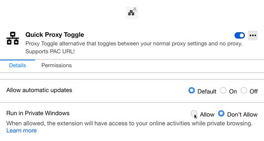 If the button doesn’t work, you may need to enable this extension in private browsing, or disable other extensions that are trying to control your proxy settings.