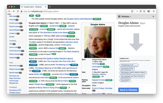 A screenshot of Douglas Adam's Wikipedia page with the data extractor of Wikidata for Firefox active.