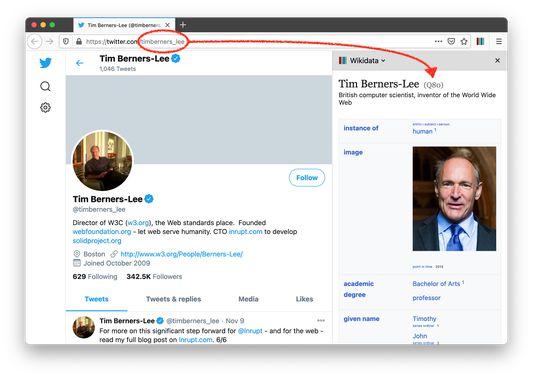 A screenshot of Tim Berners-Lee's Twitter profile with Wikidata for Firefox.