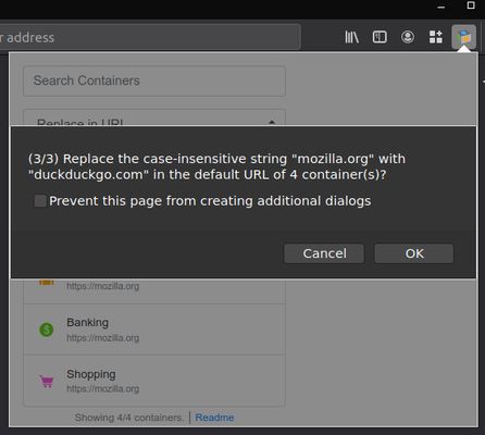 Using find and replace in container URLs in v0.0.10 - this screen is preceded by two prompts (one for the "find" string, the other for the "replace" string).