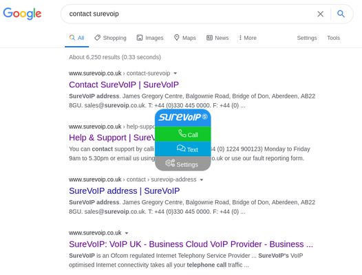 Hover over a number anywhere on the page to show the SureVoIP extension action menu.