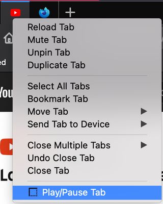 Context menu showing the "Play/Pause Tab" option for the selected tab.
