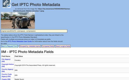 You will then be taken to IPTC's Get Photo Metadata tool to see any photo metadata that is embedded in the image file.
