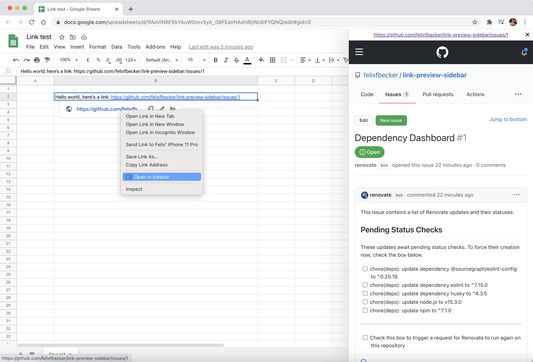 Screenshot showing a link in a spreadsheet being opened in the sidebar by using the "Open in sidebar" context menu item.