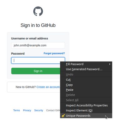 Click with the right mouse button to a password input field on a webpage and select Unique Passwords from the menu.