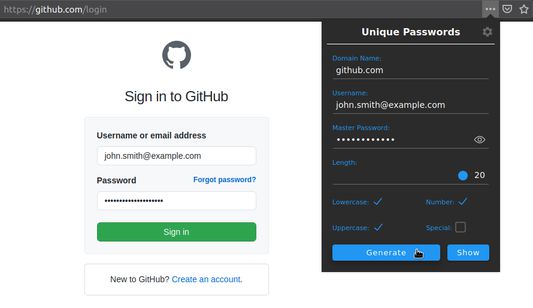 Type your master password and click on the generate button. The domain and username are pre-filled; the created password is copied automatically.