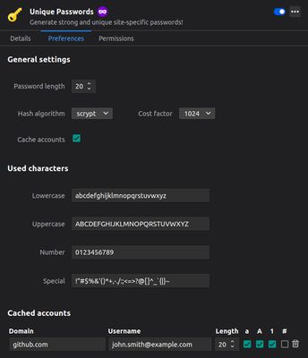 On the settings page, you can change the hash algorithm, the used character groups, and manage cached accounts.