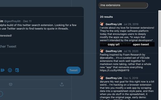 🔍 Enhanced Search
Next time you're writing a tweet or replying to someone, try using the Twemex search box to find related old tweets, from yourself or others. Then just copy the URL into your tweet to quote it! This way, you're creating pointers into your past tweets, for people to discover your archives.