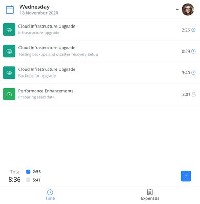 Time page - view your total hours for today and any other day.