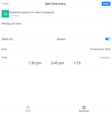 Time edit page - start/finish mode to record time.