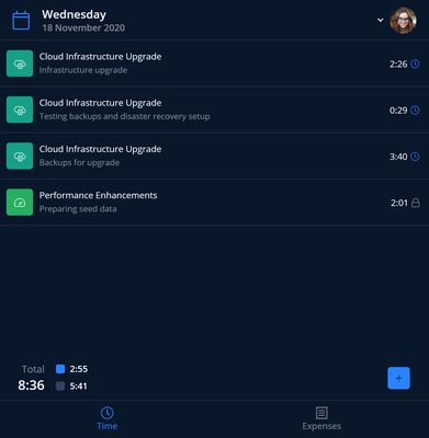 Time page - dark theme.