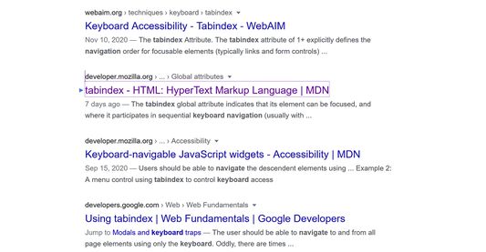 Google search results page with a result link currently receiving keyboard focus