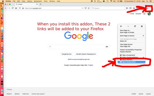 When you install, 2 new link will be added to your Firefox. 

One for using the notes service in sidebar and the other is for using the notes service from your menu