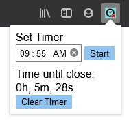 Timer set for 9:55, with 5 minutes and 28 seconds until close