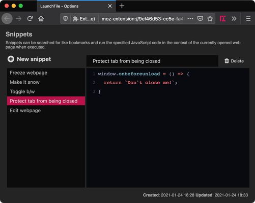 Options page showing the snippets manager