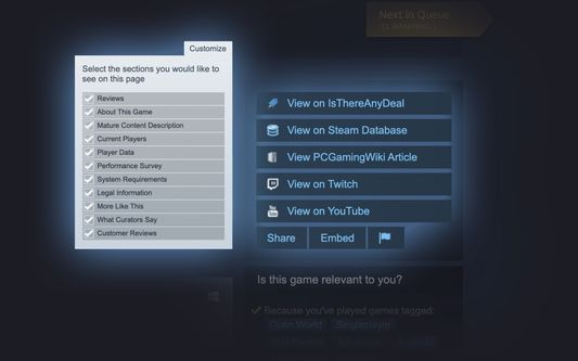 Customize store pages to your liking. See only sections that you are interested in, with many useful info added on top of what Steam offers