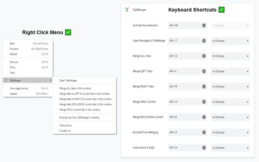 TabMerger's Right Click Menu (Context Menu) & Keyboard Shortcuts.