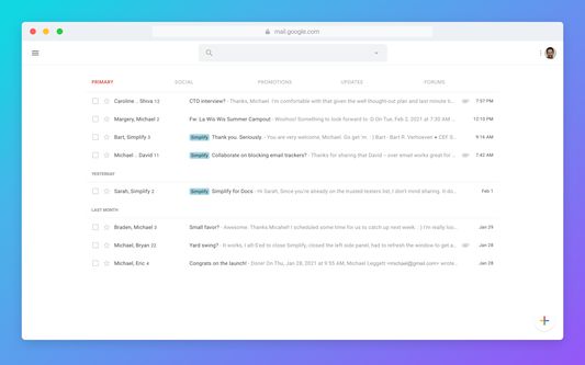 In the inbox, you can fully hide the left navigation. Add-ons and the many extra buttons are tucked away under the account switcher – easy to access but out of sight the rest of the time. A big upgrade from Simplify v1: Search is big and centered.
