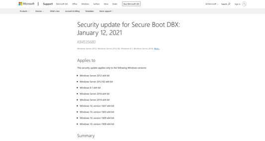 Preview of "Security update for Secure Boot DBX: January 12, 2021" (f08c6b00-a850-e595-6147-d0c32ead81e2) page where the "KB4535680" subtitle is added by the add-on.