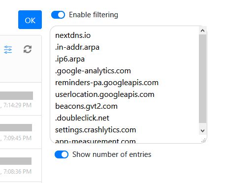 Specify domains that should be hidden from the logs. This box contains all domains currently set to be hidden in the logs. It appears by clicking the "Filters" button. You can either manually add the domains, one per line, or simply click the "Hide" button in the log entry of the domain you don't want to see.