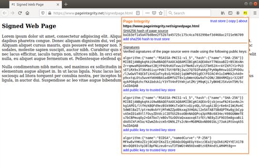 Page Integrity running in Firefox, showing integrity information for an example page at https://www.pageintegrity.net/signedpage.html.