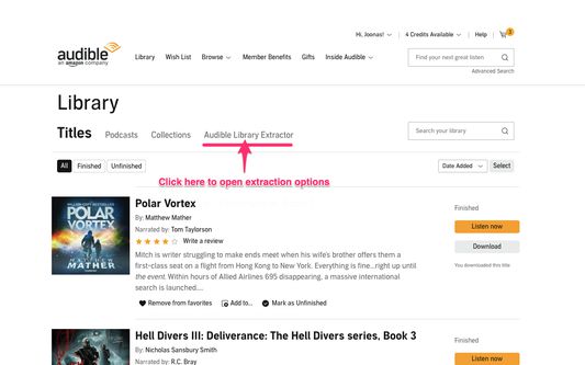 Where the extraction settings button is in the audible library page.