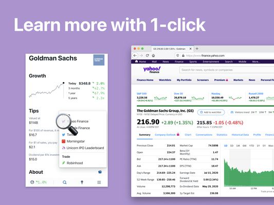 Stock Inspector - Learn more and trade with 1-click to Yahoo Finance, Robinhood, Morningstar and other brokers / reference sources