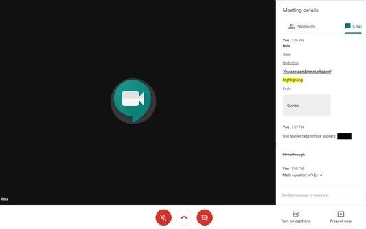 A screenshot of the capabilities of Google Meet Formatting