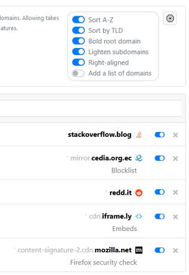 Alphabetical sorting and styling options for the domains for an easier quick reading, such as: lighten subdomains, bold root domain and right-align.