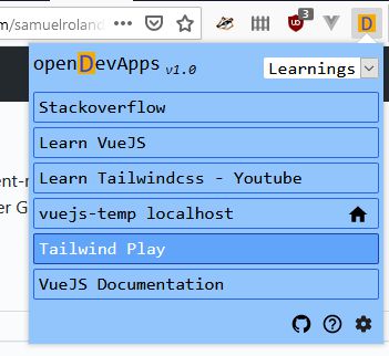 Realistic example of a category "Learnings" for learning applications to learn new programming languages (here VueJS et Tailwindcss).
