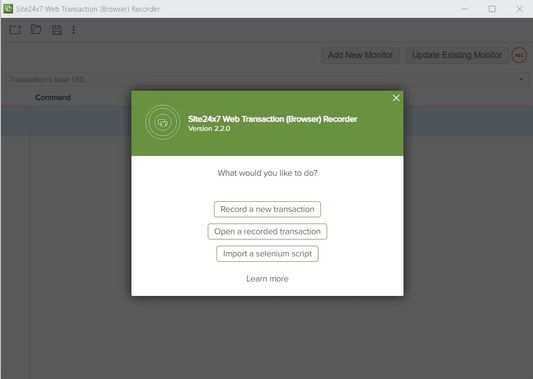 Choose the option to Record a new transaction or to Import a Selenium script