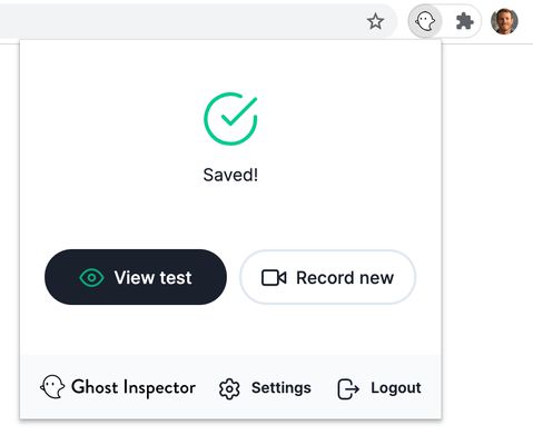 The screen shown when the Ghost Inspector add-on has successfully saved your recorded test. A link is provided to your test in the Ghost Inspector system.