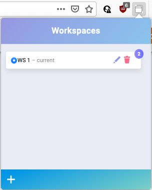 A list of workspaces in the current window. Each workspace consists of a radio button for selection, a workspace name, a rename button, a delete button, and an indicator of how many tabs are there in the workspace. The add/plus button at the bottom to create a new workspace.