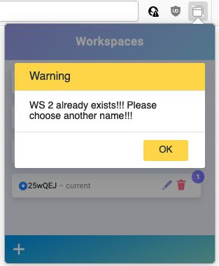 A warning alert popup when renaming a workspace to an existing name in the list.